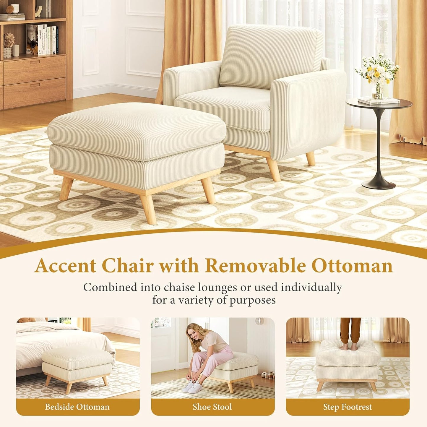 38.5" Accent Chair with Movable Ottoman, Comfy Corduroy Armchair with Spring Cushion, Reading Chair with Ottoman, Modern Single Sofa for Living Room, Bedroom and Apartment, Beige