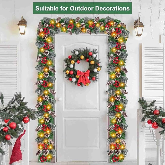 9 Ft by 10 Inch 50 LED Prelit Christmas Garland Decorations Warm White Lights Thick 270 Snowy Tips 70 Red Berry 10 Pinecone Xmas Decor Garland Indoor