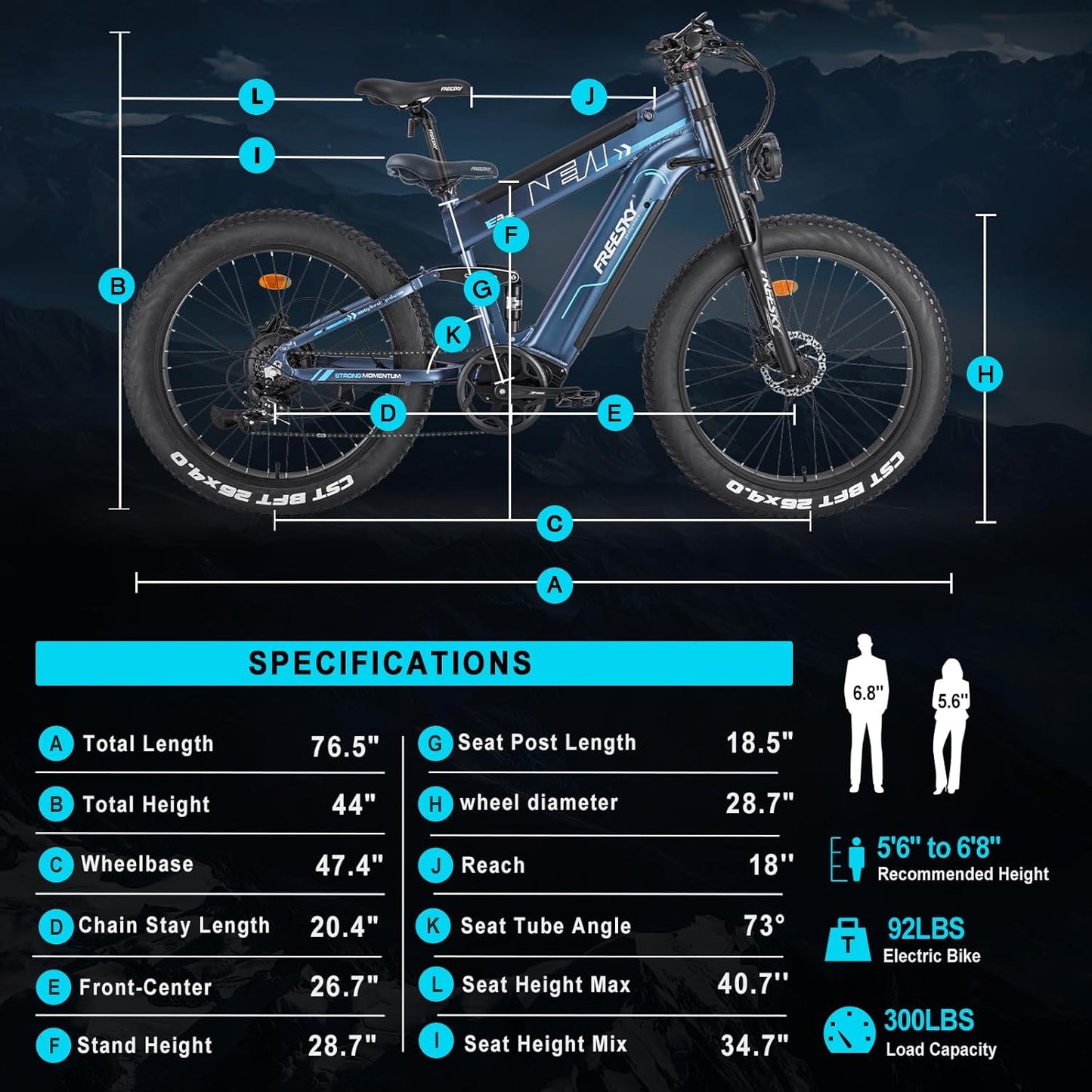 FREESKY 2025 Upgraded Dual Battery 48V 41AH Peak 2500W Motor 90-160 Miles Long Range Electric Bike for Adults 38MPH+ 26" Fat Tire Full Suspension EBike with Dual Hydraulic Brakes