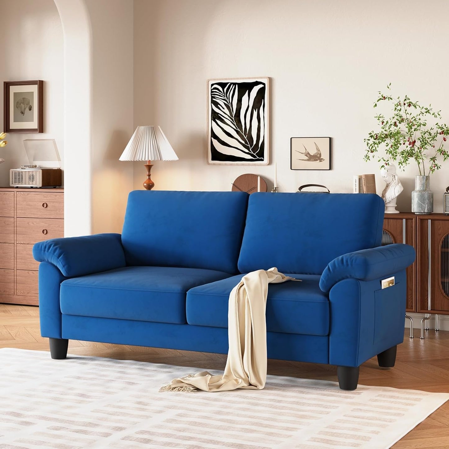 70" Living Room Couch Sofa, Velvet Deep Couches for Small Spaces, Mid Century Modern Loveseat with Storage Bag, Bedroom, Apartment, Office, Removable Sofa Cover Spring Cushions, Fast Assembly, Blue