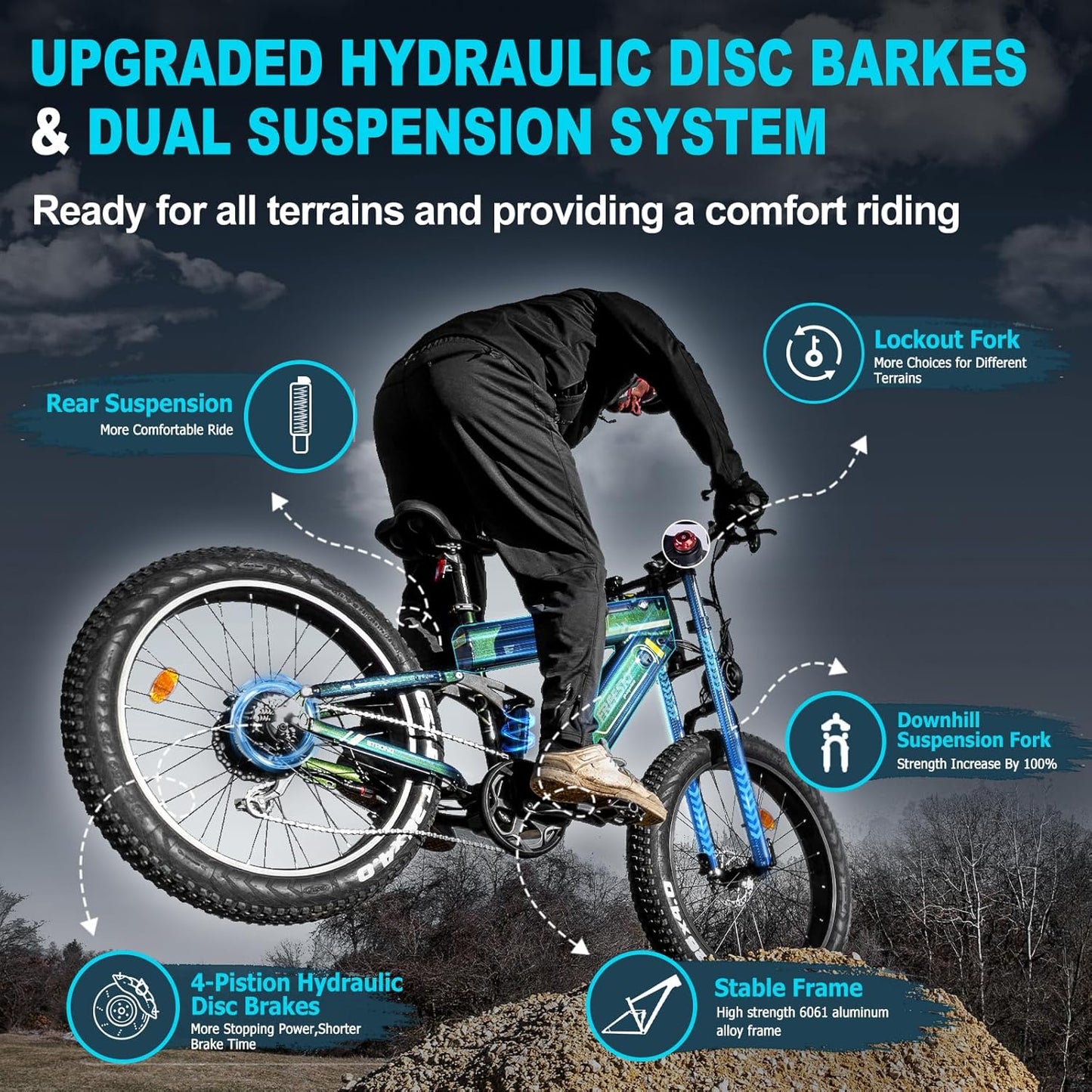 FREESKY 2025 Upgraded Dual Battery 48V 41AH Peak 2500W Motor 90-160 Miles Long Range Electric Bike for Adults 38MPH+ 26" Fat Tire Full Suspension EBike with Dual Hydraulic Brakes