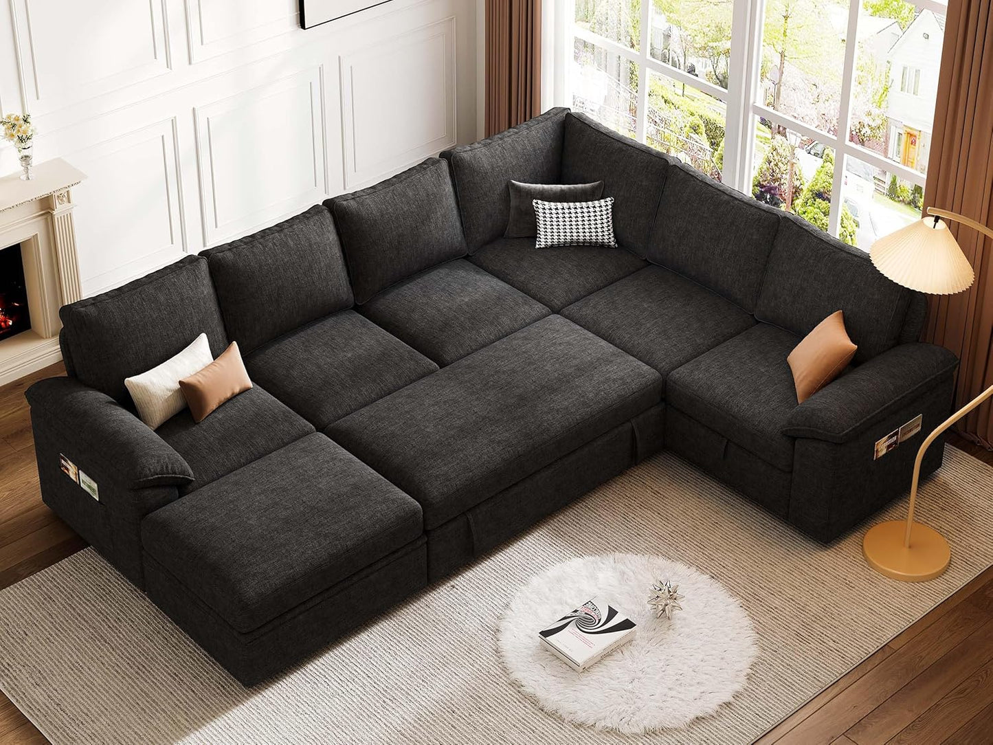 108 Inch Sectional Sleeper Sofa with Pull Out Bed, U Shaped 7 Seat Modular Sectional Sofa with Storage, Sectional Couches for Living Room, Cloud Modular Couch,Removable Sofa Cover, Dark Grey