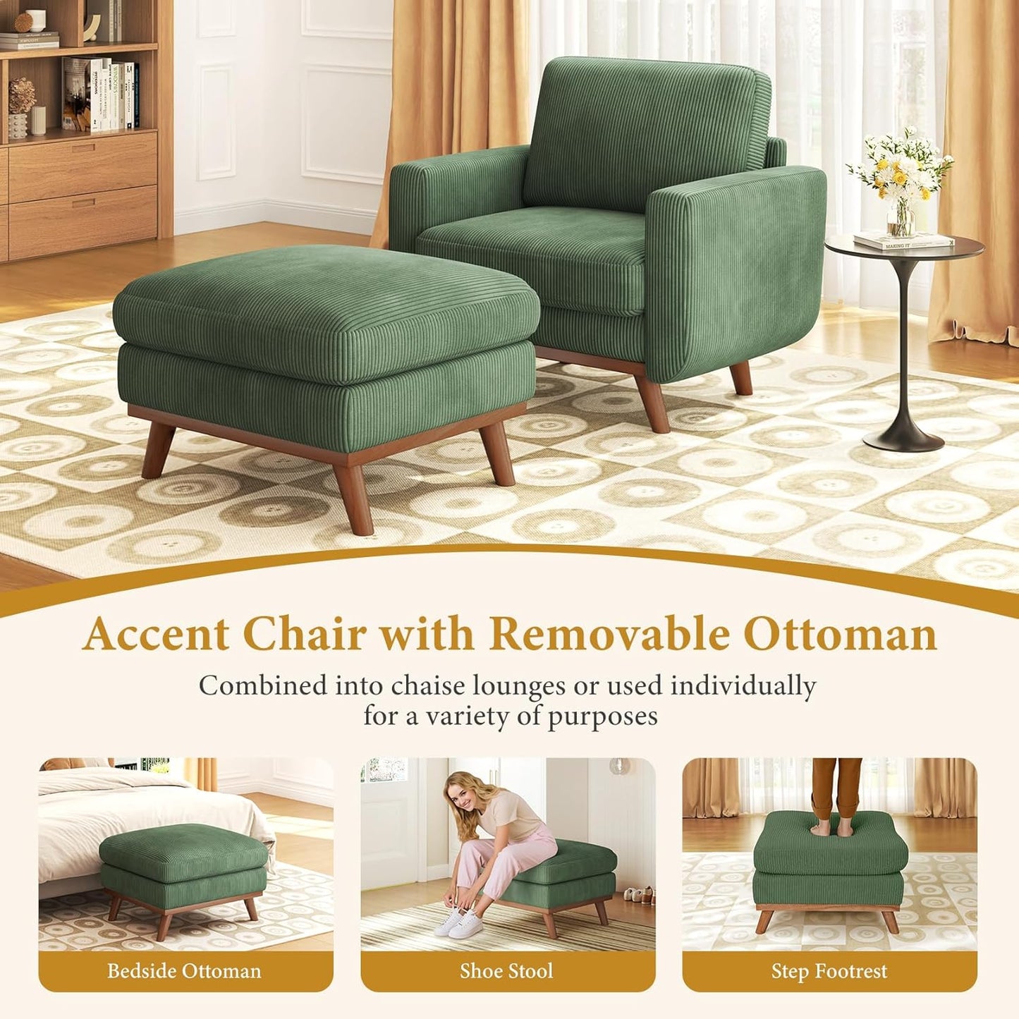 38.5" Accent Chair with Movable Ottoman, Comfy Corduroy Armchair with Spring Cushion, Reading Chair with Ottoman, Modern Single Sofa for Living Room, Bedroom and Apartment, Green
