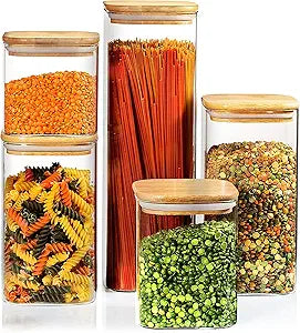 5 Square Canisters, Glass Kitchen Canister with Airtight Bamboo Lid, Glass Storage Jars for Kitchen, Bathroom and Pantry Organization Ideal for Flour, Sugar, Coffee, Candy, Snack & More