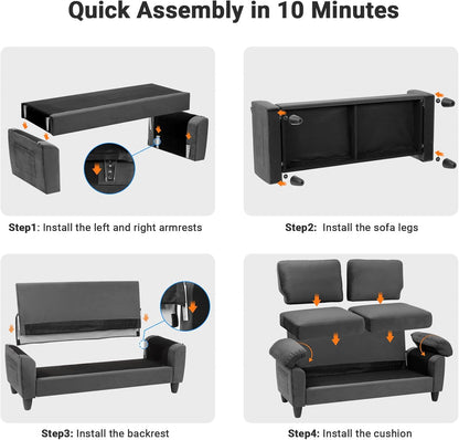 70" Sofa Living Room Couch, Velvet Deep Couches for Small Spaces, Mid Century Modern Loveseat with Storage Bag, Bedroom, Apartment, Office, Removable Sofa Cover Spring Cushions, Fast Assembly, Grey