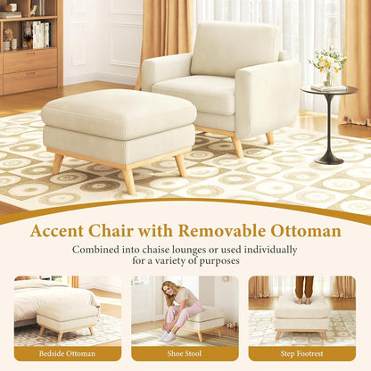 38.5" Accent Chair with Movable Ottoman, Comfy Corduroy Armchair with Spring Cushion, Reading Chair with Ottoman, Modern Single Sofa for Living Room, Bedroom and Apartment, Beige