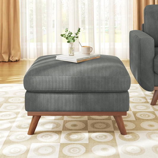 Large Ottoman for Modular Sofa, 29.5" Corduroy Ottoman with Spring Cushion, Rectangle Foot Rest for Couch, Entrance Footstool with Wood Legs, Footstool for Living Room, Bedroom, Dark Gray