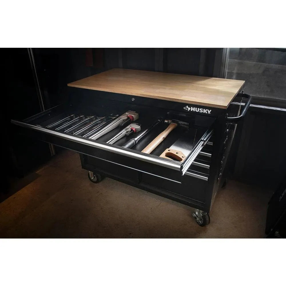 46 in. W x 24.5 in. D 9-Drawer Gloss Black Deep Tool Chest Mobile Workbench with Hardwood Top and Power Station