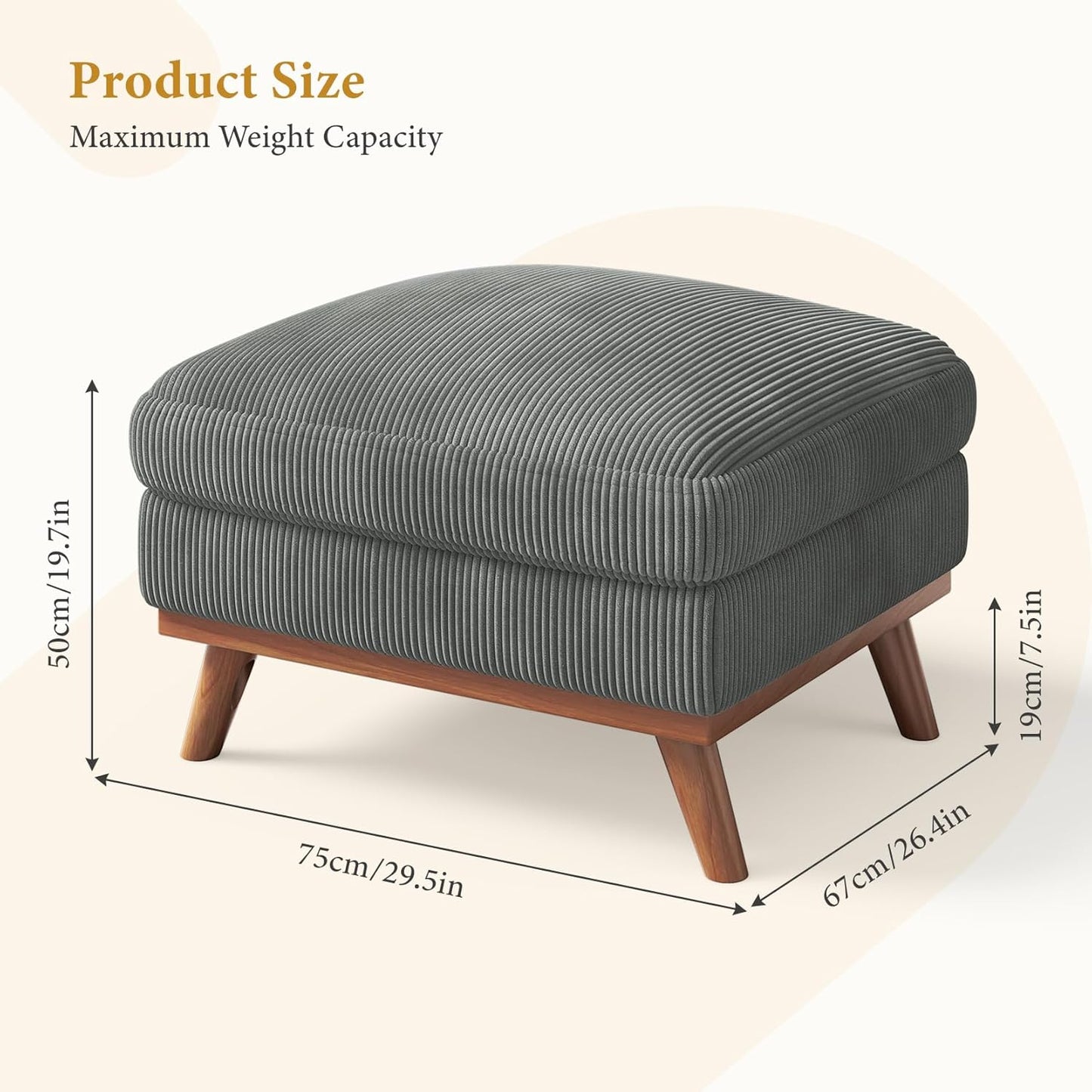 Large Ottoman for Modular Sofa, 29.5" Corduroy Ottoman with Spring Cushion, Rectangle Foot Rest for Couch, Entrance Footstool with Wood Legs, Footstool for Living Room, Bedroom, Dark Gray