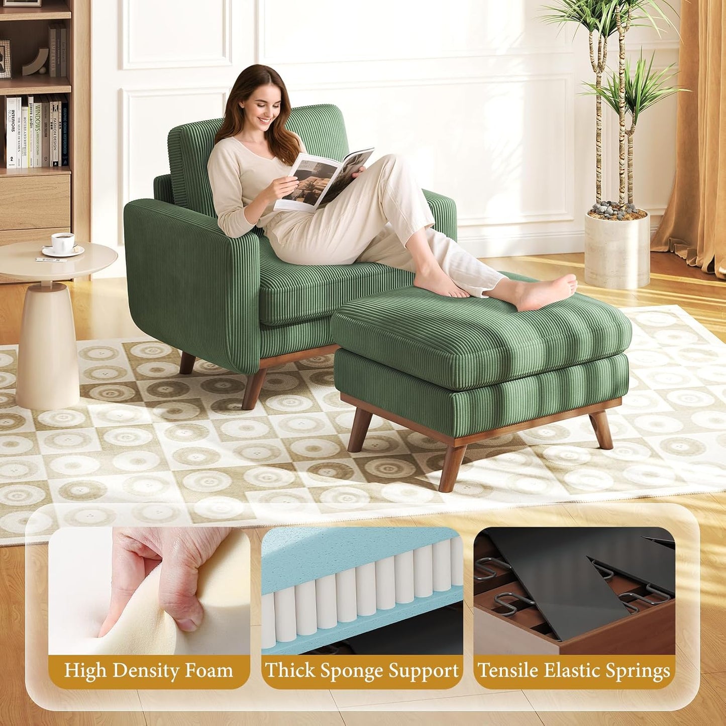 38.5" Accent Chair with Movable Ottoman, Comfy Corduroy Armchair with Spring Cushion, Reading Chair with Ottoman, Modern Single Sofa for Living Room, Bedroom and Apartment, Green