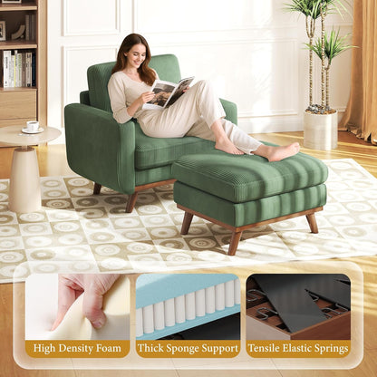 38.5" Accent Chair with Movable Ottoman, Comfy Corduroy Armchair with Spring Cushion, Reading Chair with Ottoman, Modern Single Sofa for Living Room, Bedroom and Apartment, Green