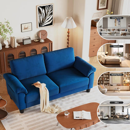 70" Living Room Couch Sofa, Velvet Deep Couches for Small Spaces, Mid Century Modern Loveseat with Storage Bag, Bedroom, Apartment, Office, Removable Sofa Cover Spring Cushions, Fast Assembly, Blue