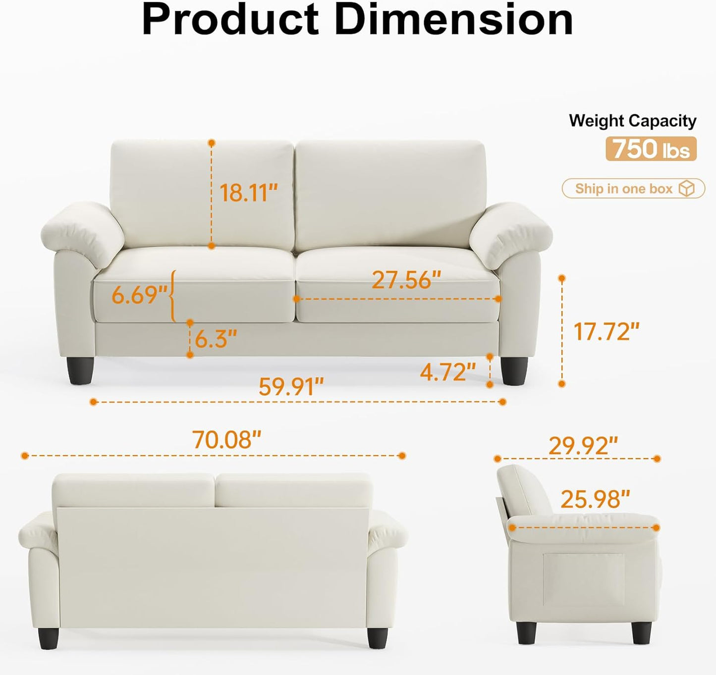 70" Living Room Couch Sofa, Mid Century Modern Loveseat with Storage Bag, Velvet Deep Couches for Small Spaces, Bedroom, Apartment, Office, Removable Sofa Cover Spring Cushions, Easy to Install, Beige