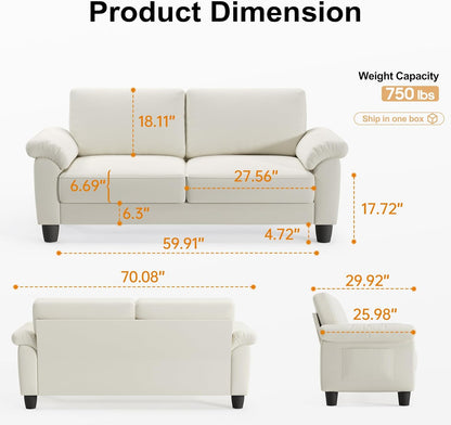 70" Living Room Couch Sofa, Mid Century Modern Loveseat with Storage Bag, Velvet Deep Couches for Small Spaces, Bedroom, Apartment, Office, Removable Sofa Cover Spring Cushions, Easy to Install, Beige