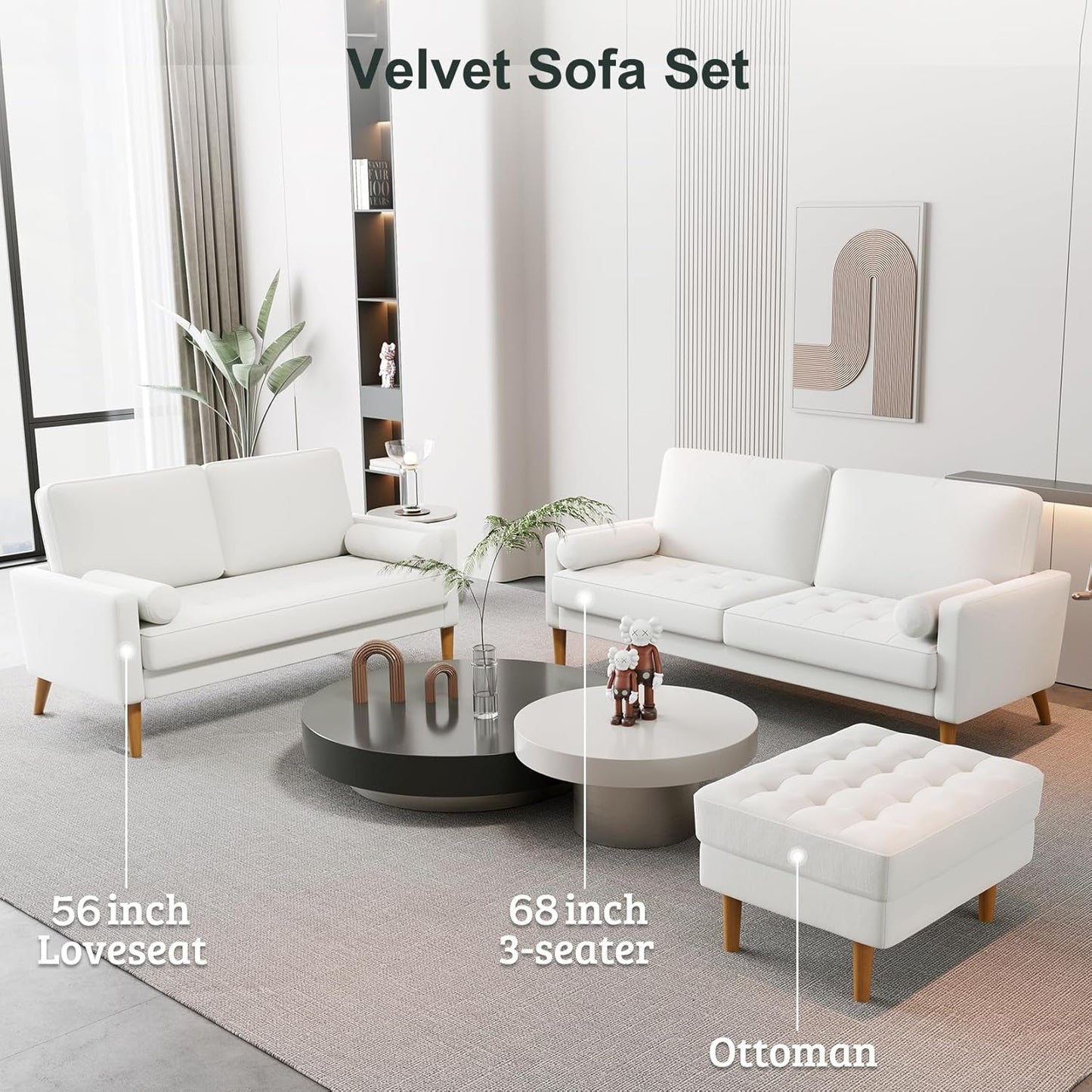 68" Beige Velvet Couch, Comfy Sofa Couch with Spring Cushions, Loveseat Sofa for Bedroom, Sturdy Wooden Small Couch for Small Spaces, Modern 3 Seater Sofa with Tufted Seat, Living Room Couch