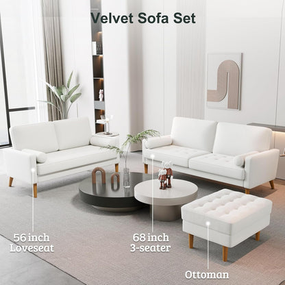 68" Beige Velvet Couch, Comfy Sofa Couch with Spring Cushions, Loveseat Sofa for Bedroom, Sturdy Wooden Small Couch for Small Spaces, Modern 3 Seater Sofa with Tufted Seat, Living Room Couch