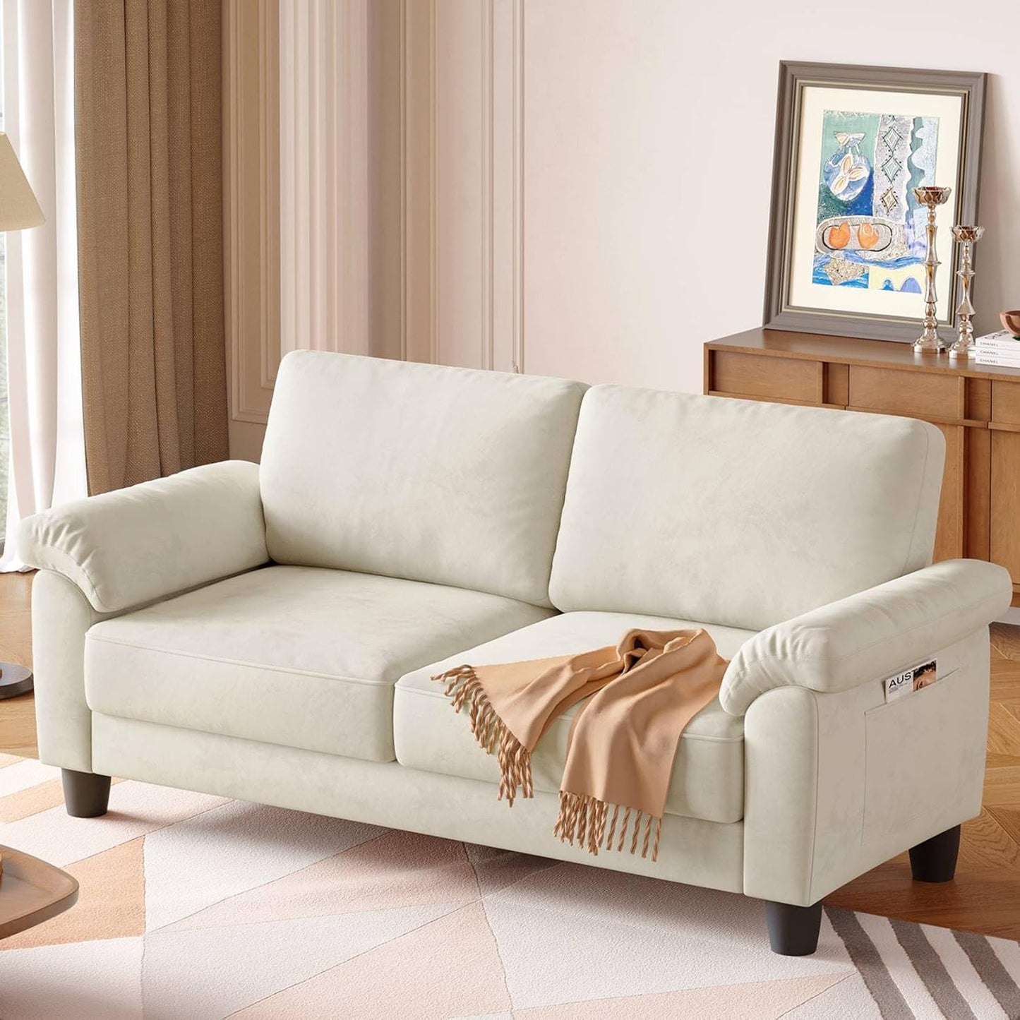 70" Living Room Couch Sofa, Mid Century Modern Loveseat with Storage Bag, Velvet Deep Couches for Small Spaces, Bedroom, Apartment, Office, Removable Sofa Cover Spring Cushions, Easy to Install, Beige