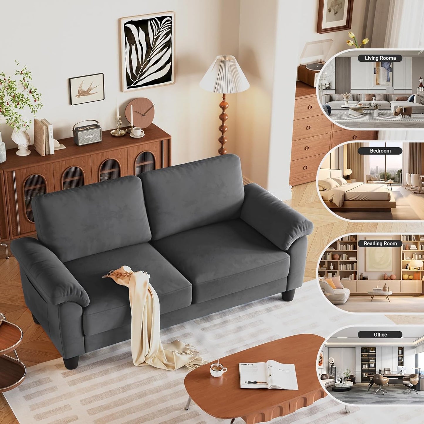 70" Sofa Living Room Couch, Velvet Deep Couches for Small Spaces, Mid Century Modern Loveseat with Storage Bag, Bedroom, Apartment, Office, Removable Sofa Cover Spring Cushions, Fast Assembly, Grey