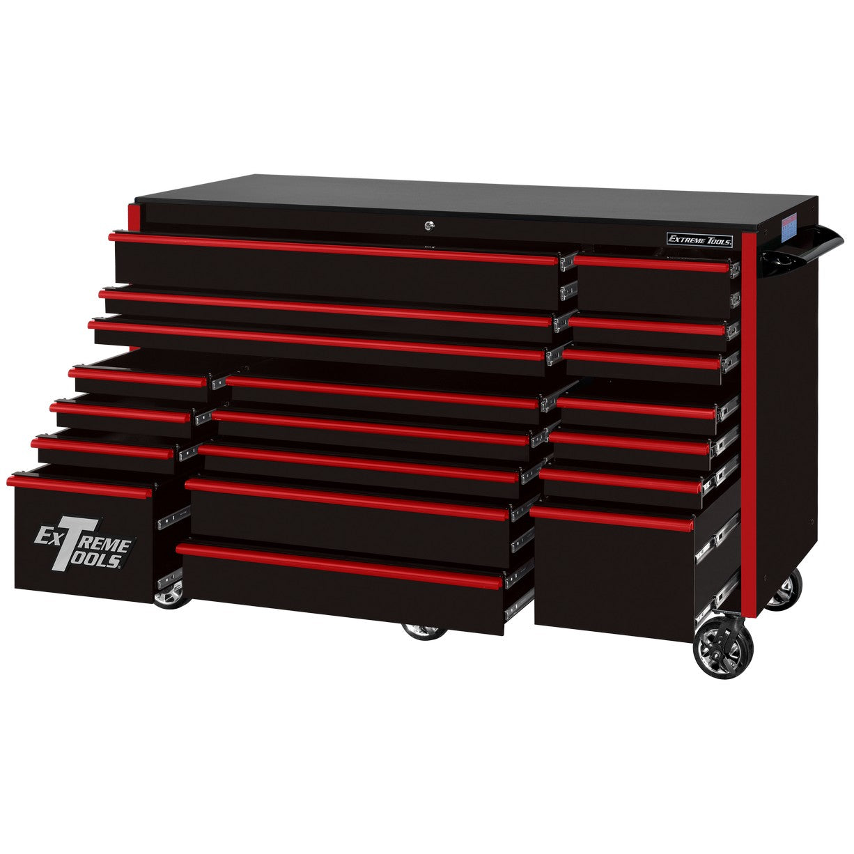Extreme Tools 72″ x 30″, 19 Drawer Roller Cabinet with 250 lbs. drawer slides, RX 250 Series