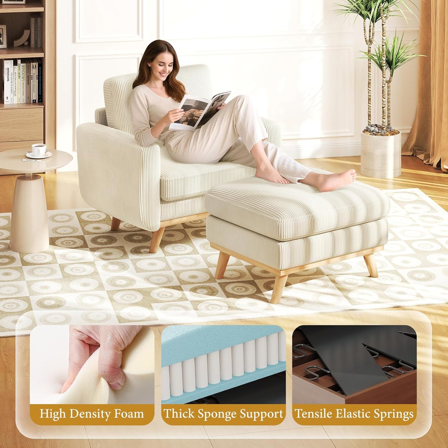 38.5" Accent Chair with Movable Ottoman, Comfy Corduroy Armchair with Spring Cushion, Reading Chair with Ottoman, Modern Single Sofa for Living Room, Bedroom and Apartment, Beige