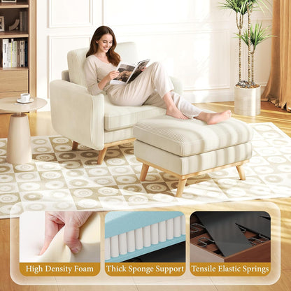 38.5" Accent Chair with Movable Ottoman, Comfy Corduroy Armchair with Spring Cushion, Reading Chair with Ottoman, Modern Single Sofa for Living Room, Bedroom and Apartment, Beige
