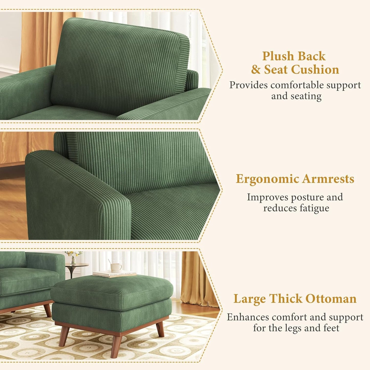 38.5" Accent Chair with Movable Ottoman, Comfy Corduroy Armchair with Spring Cushion, Reading Chair with Ottoman, Modern Single Sofa for Living Room, Bedroom and Apartment, Green