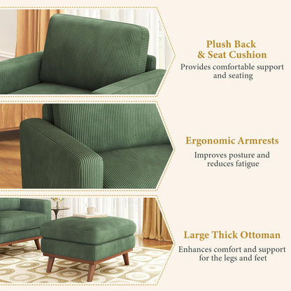 38.5" Accent Chair with Movable Ottoman, Comfy Corduroy Armchair with Spring Cushion, Reading Chair with Ottoman, Modern Single Sofa for Living Room, Bedroom and Apartment, Green