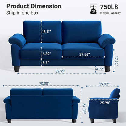 70" Living Room Couch Sofa, Velvet Deep Couches for Small Spaces, Mid Century Modern Loveseat with Storage Bag, Bedroom, Apartment, Office, Removable Sofa Cover Spring Cushions, Fast Assembly, Blue