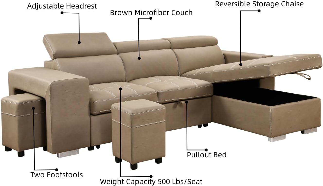 104'' Microfiber L Shaped Sectional Sleeper Sofa Couch with Pull Out Bed and Storage Ottoman, Convertible Couches with Adjustable Headrest for Living Room, Right Facing Chaise. Beige