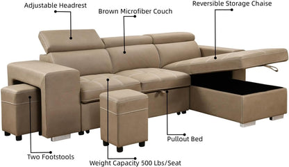 104'' Microfiber L Shaped Sectional Sleeper Sofa Couch with Pull Out Bed and Storage Ottoman, Convertible Couches with Adjustable Headrest for Living Room, Right Facing Chaise. Beige