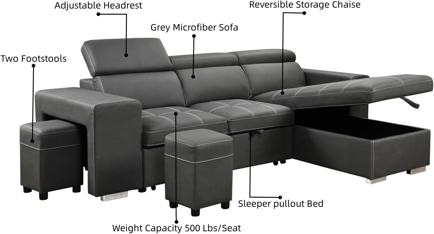 104'' Microfiber L Shaped Sectional Sleeper Sofa Couch with Pull Out Bed and Storage Ottoman, Convertible Couches with Adjustable Headrest for Living Room, Right Facing Chaise. Beige