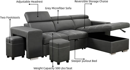 104'' Microfiber L Shaped Sectional Sleeper Sofa Couch with Pull Out Bed and Storage Ottoman, Convertible Couches with Adjustable Headrest for Living Room, Right Facing Chaise. Beige