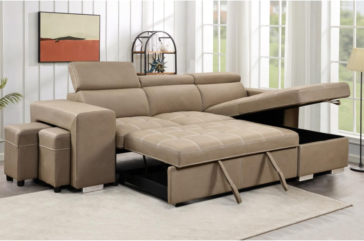104'' Microfiber L Shaped Sectional Sleeper Sofa Couch with Pull Out Bed and Storage Ottoman, Convertible Couches with Adjustable Headrest for Living Room, Right Facing Chaise. Beige
