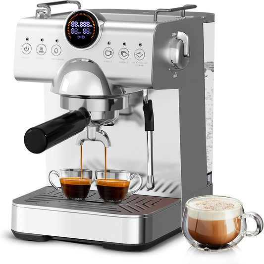 Compact Espresso Machine with Milk Frother,Cold Brew & Hot Coffee Machine,LED Display,Cappuccino & Latte Machine for Home,Beginner-Friendly Espresso Machines (SILVER)