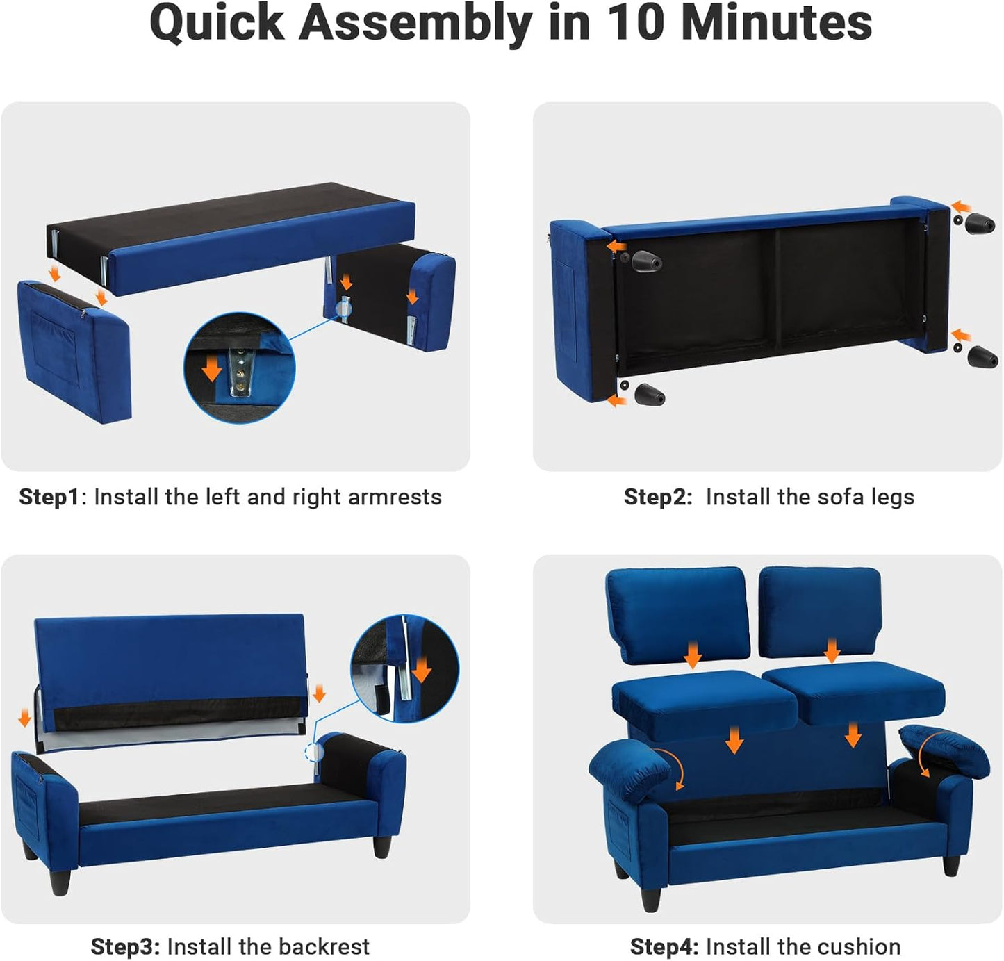 70" Living Room Couch Sofa, Velvet Deep Couches for Small Spaces, Mid Century Modern Loveseat with Storage Bag, Bedroom, Apartment, Office, Removable Sofa Cover Spring Cushions, Fast Assembly, Blue