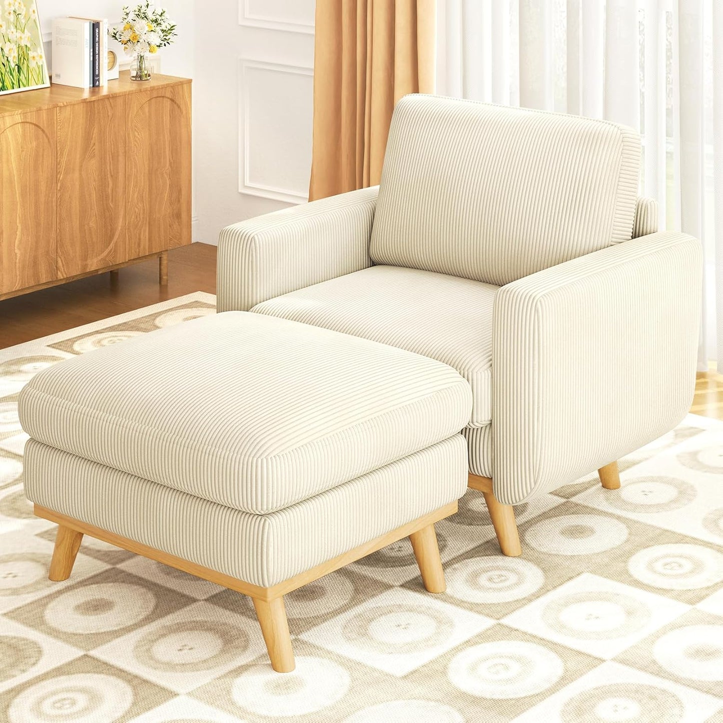 38.5" Accent Chair with Movable Ottoman, Comfy Corduroy Armchair with Spring Cushion, Reading Chair with Ottoman, Modern Single Sofa for Living Room, Bedroom and Apartment, Beige