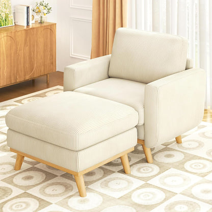 38.5" Accent Chair with Movable Ottoman, Comfy Corduroy Armchair with Spring Cushion, Reading Chair with Ottoman, Modern Single Sofa for Living Room, Bedroom and Apartment, Beige