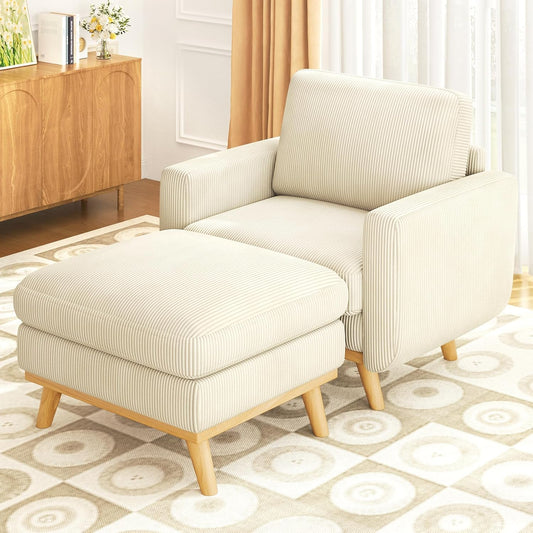 38.5" Accent Chair with Movable Ottoman, Comfy Corduroy Armchair with Spring Cushion, Reading Chair with Ottoman, Modern Single Sofa for Living Room, Bedroom and Apartment, Beige