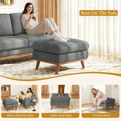 Large Ottoman for Modular Sofa, 29.5" Corduroy Ottoman with Spring Cushion, Rectangle Foot Rest for Couch, Entrance Footstool with Wood Legs, Footstool for Living Room, Bedroom, Dark Gray