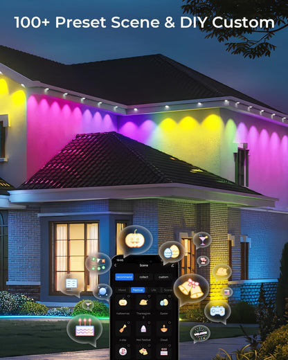 Permanent Outdoor Lights Pro 200ft, Smart RGBCW Eaves Lights with 120 LEDs, IP67 Waterproof, 111 Scene Modes for Daily and Festival, Halloween Christmas Holiday Decor, APP/Voice/Remote Control