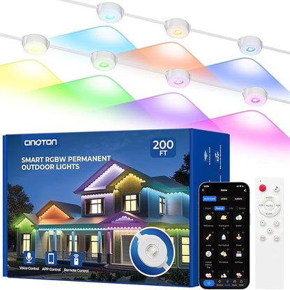Permanent Outdoor Lights Pro 200ft, Smart RGBCW Eaves Lights with 120 LEDs, IP67 Waterproof, 111 Scene Modes for Daily and Festival, Halloween Christmas Holiday Decor, APP/Voice/Remote Control