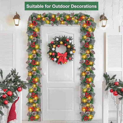 9 Ft by 10 Inch 50 LED Prelit Christmas Garland Decorations Warm White Lights Thick 270 Snowy Tips 70 Red Berry 10 Pinecone Xmas Decor Garland Indoor