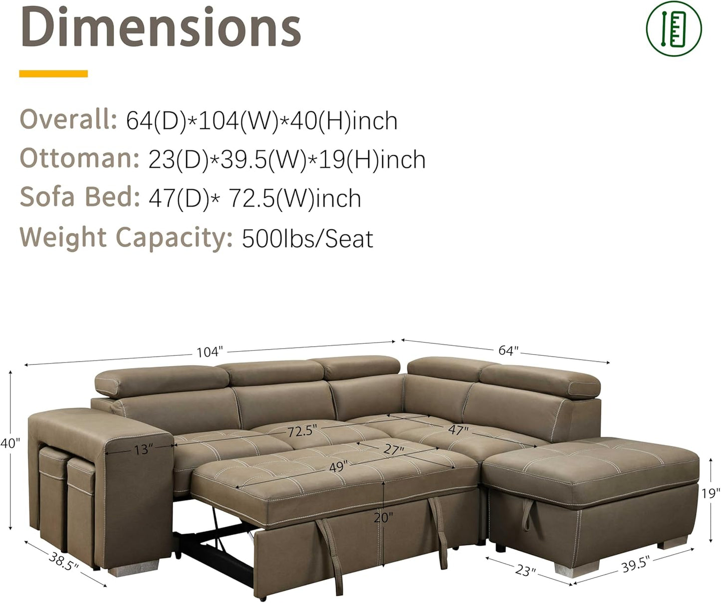 104'' Microfiber L Shaped Sectional Sleeper Sofa Couch with Pull Out Bed and Storage Ottoman, Convertible Couches with Adjustable Headrest for Living Room, Right Facing Chaise. Beige