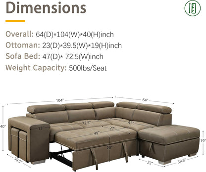 104'' Microfiber L Shaped Sectional Sleeper Sofa Couch with Pull Out Bed and Storage Ottoman, Convertible Couches with Adjustable Headrest for Living Room, Right Facing Chaise. Beige