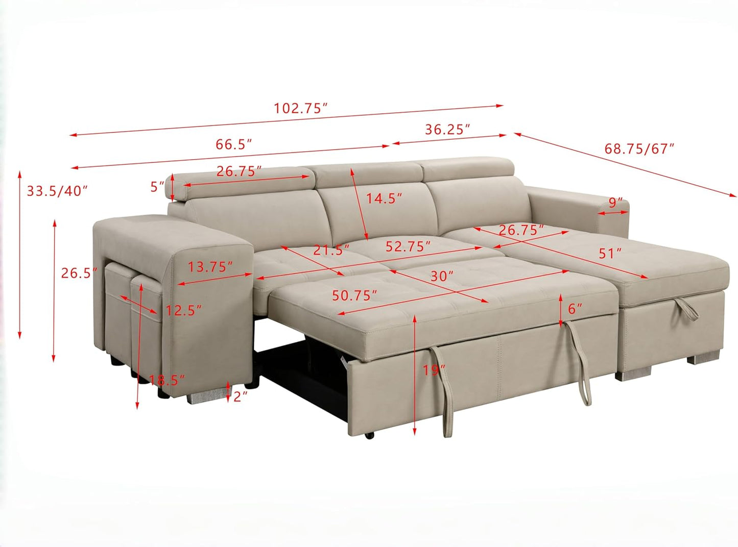 104'' Microfiber L Shaped Sectional Sleeper Sofa Couch with Pull Out Bed and Storage Ottoman, Convertible Couches with Adjustable Headrest for Living Room, Right Facing Chaise. Beige