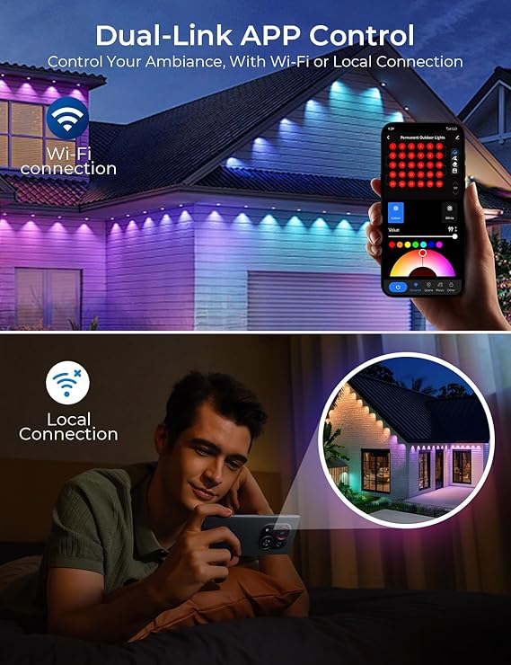Permanent Outdoor Lights Pro 200ft, Smart RGBCW Eaves Lights with 120 LEDs, IP67 Waterproof, 111 Scene Modes for Daily and Festival, Halloween Christmas Holiday Decor, APP/Voice/Remote Control