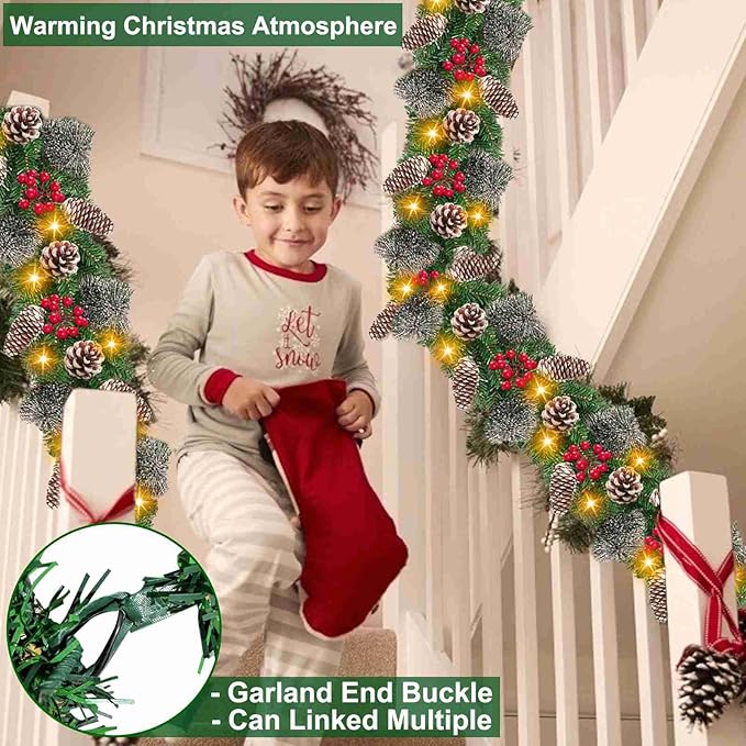9 Ft by 10 Inch 50 LED Prelit Christmas Garland Decorations Warm White Lights Thick 270 Snowy Tips 70 Red Berry 10 Pinecone Xmas Decor Garland Indoor