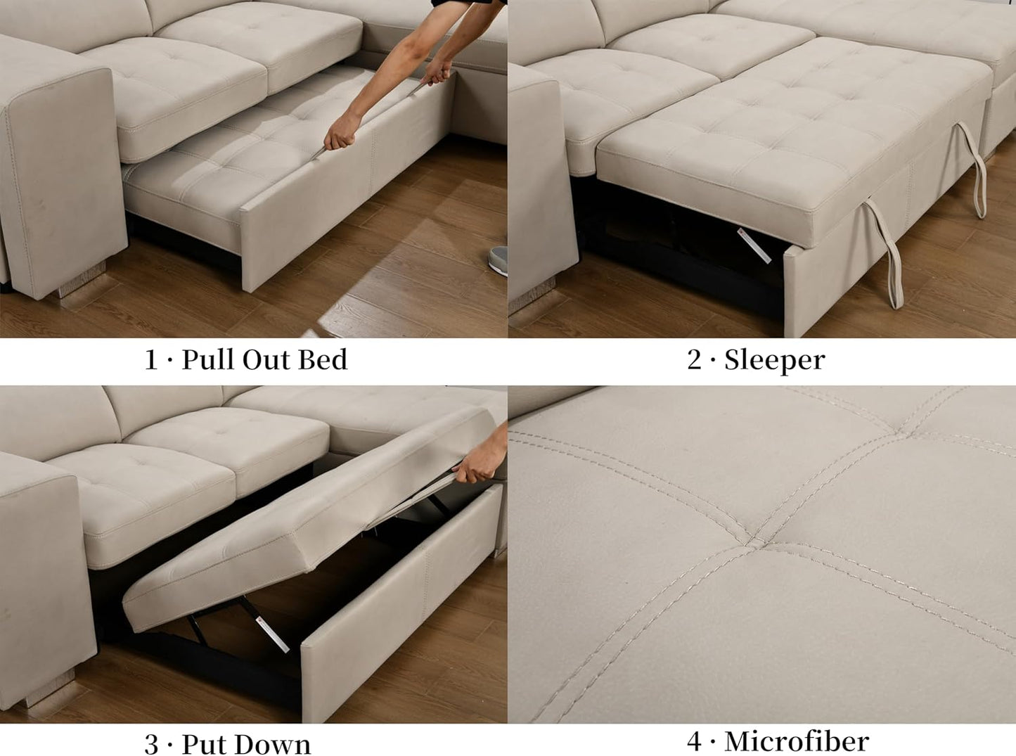 104'' Microfiber L Shaped Sectional Sleeper Sofa Couch with Pull Out Bed and Storage Ottoman, Convertible Couches with Adjustable Headrest for Living Room, Right Facing Chaise. Beige