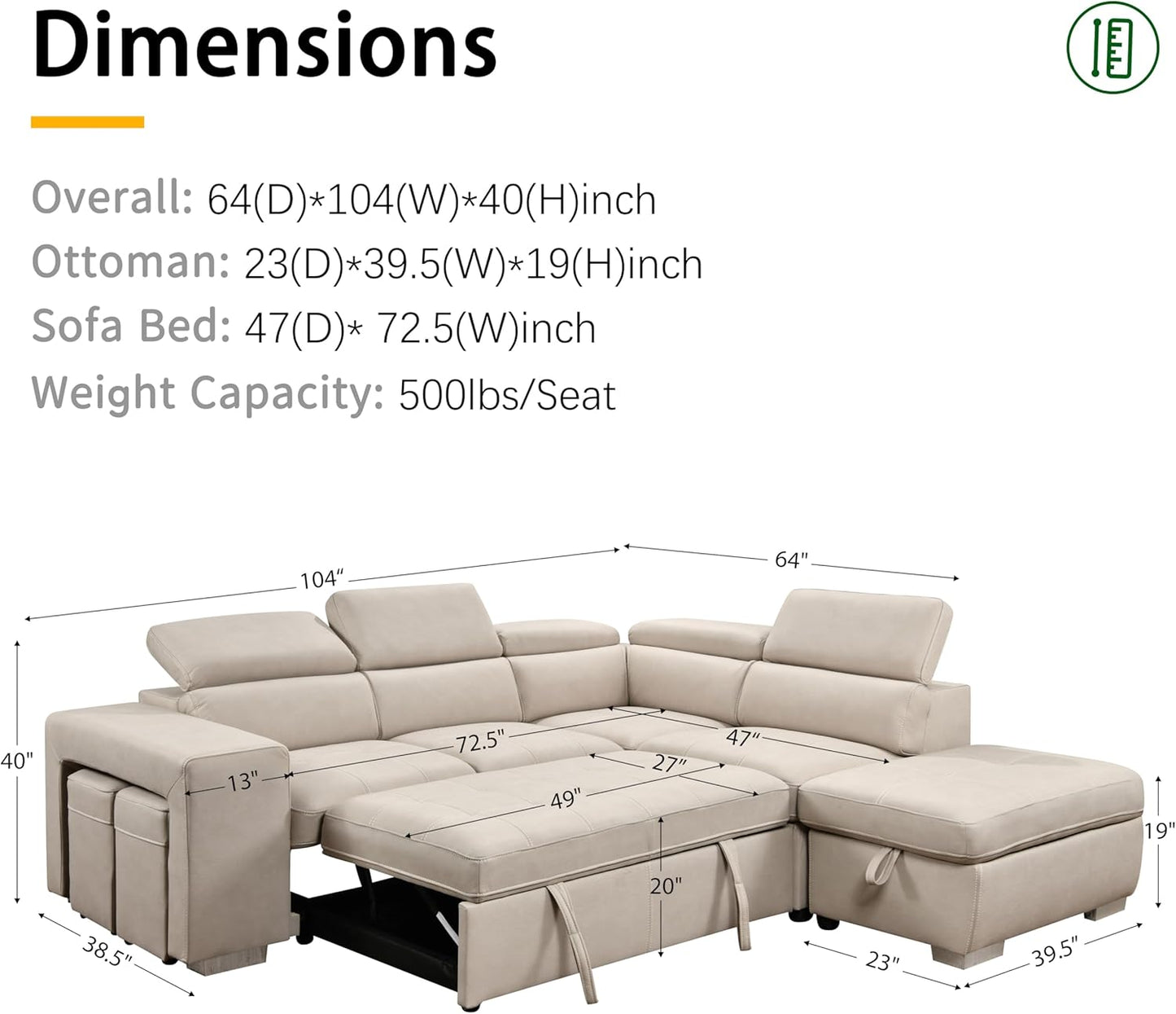 104'' Microfiber L Shaped Sectional Sleeper Sofa Couch with Pull Out Bed and Storage Ottoman, Convertible Couches with Adjustable Headrest for Living Room, Right Facing Chaise. Beige