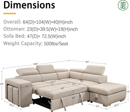104'' Microfiber L Shaped Sectional Sleeper Sofa Couch with Pull Out Bed and Storage Ottoman, Convertible Couches with Adjustable Headrest for Living Room, Right Facing Chaise. Beige